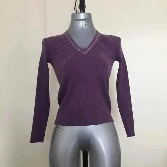 3/15 Y2K Purple ribbed v-neck business casual dark academia long sleeve sz small - Picture 1 of 8